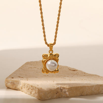 Pearl Hammered Square Pendant Necklace