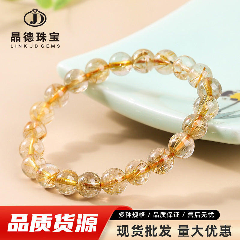 Pulsera de cuentas redondas de cristal de titanio, joyería de cristal de cabello amarillo. 