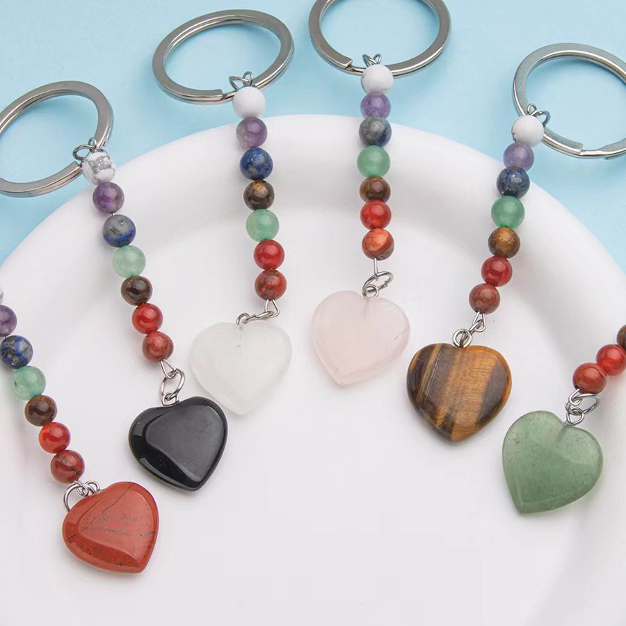 Colorful natural crystal love pendant stainless steel keychain pendant