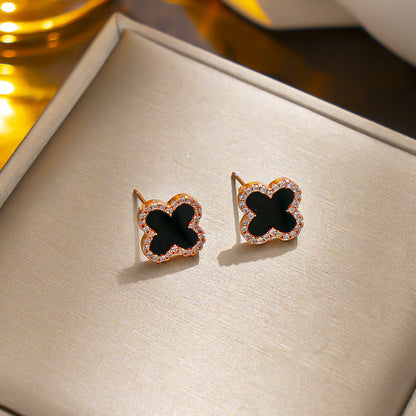 Classic Black Clover Stud Earrings, Hypoallergenic Design