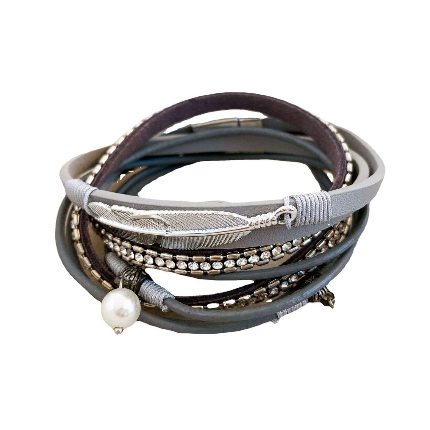 Diamond leaf pearl magnetic leather bracelet