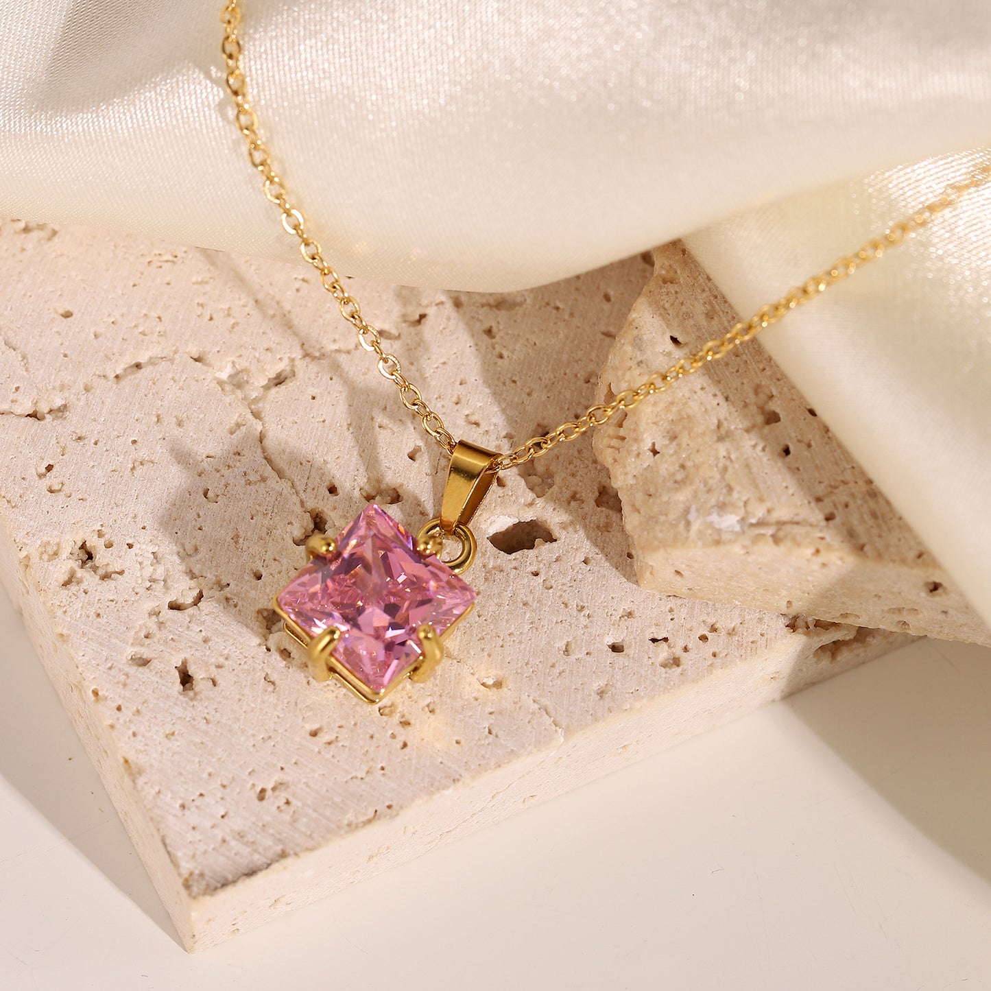 White/Pink/Green Square Zirconia Pendant Necklace