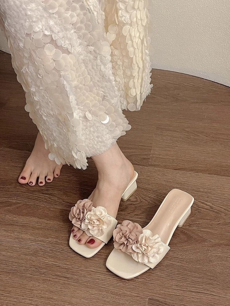 Flower medium heel one-word cool slippers