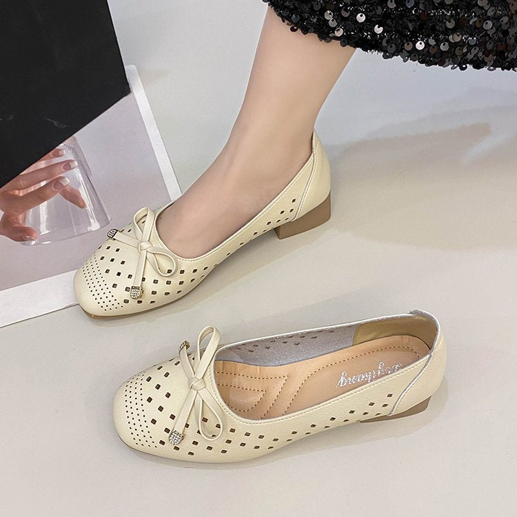 Korean version of square head hollow bow shoes