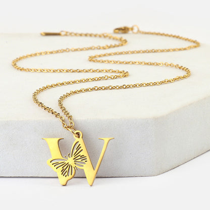 26 letter butterfly titanium steel hollow necklace