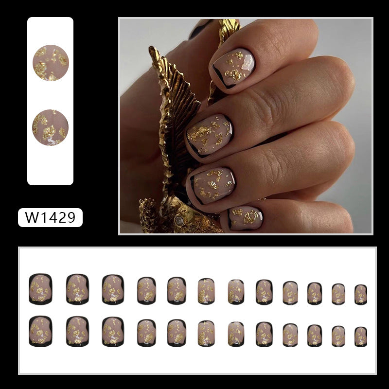 Short Black Gold Foil Square Fake Nails