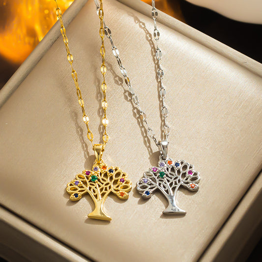 Hollow Life Tree Necklace Cross-Border Colored Diamond Pendant Women