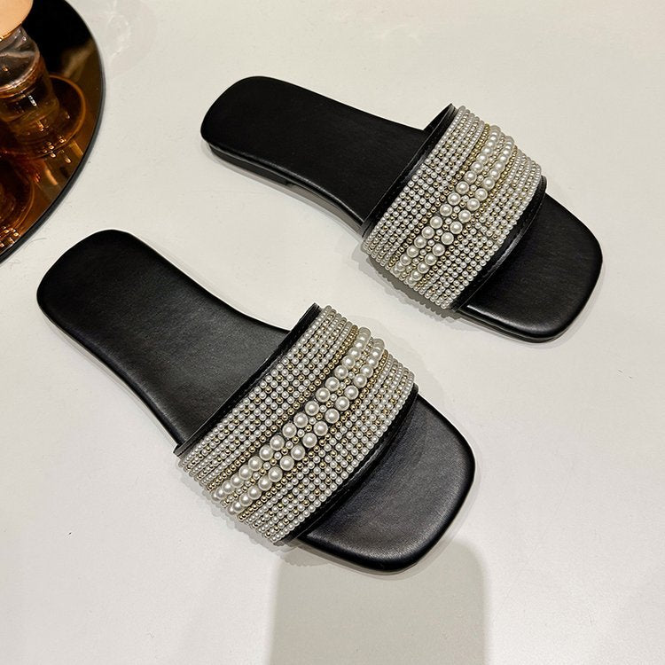 Flat-bottomed rhinestone pearl slippers