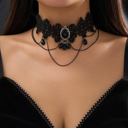 Black Gothic Feng Shui Drop Fringed Necklace