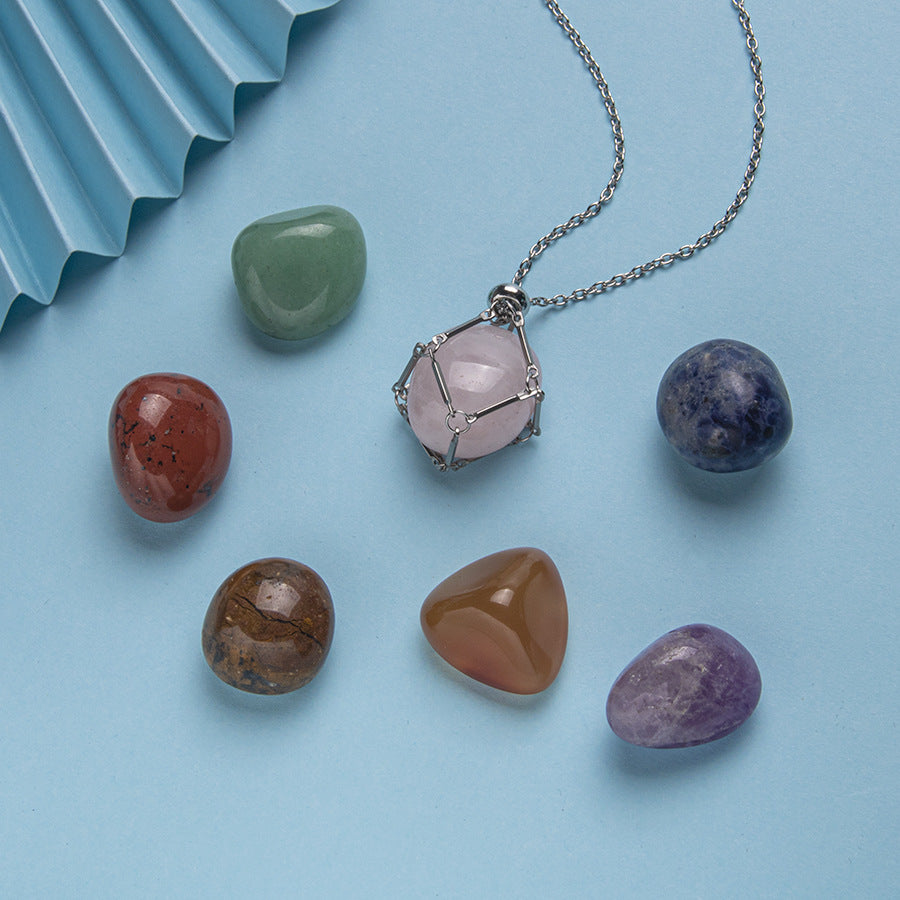 7 Color Tumbled Stone Crystal Raw Stone Braided Pendant Set