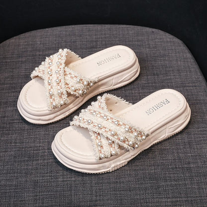 Cross pearl platform slippers