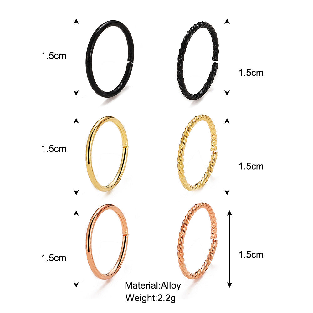 Nose studs, gold and black rings, 6 pieces