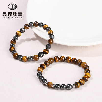 Natural yellow tiger's eye stone with black gallstone round bead bracelet.