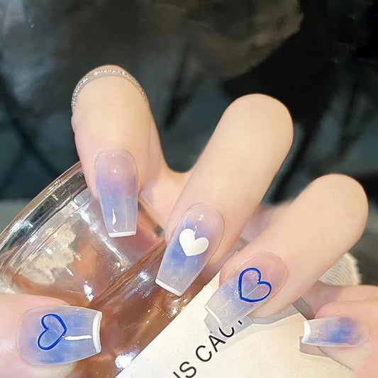 Blue White Gradient Heart Nails