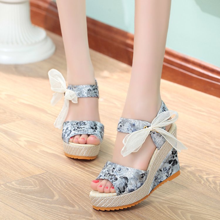 Flower Wedge Heel Strap Bow Shoes