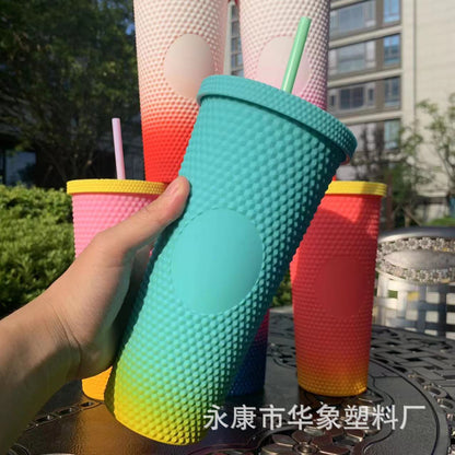 Durian cup gradual change color double layer plastic straw cup