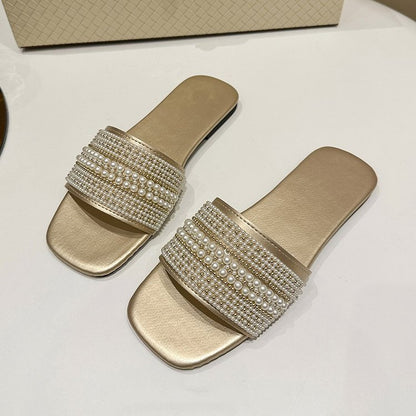 Flat-bottomed rhinestone pearl slippers