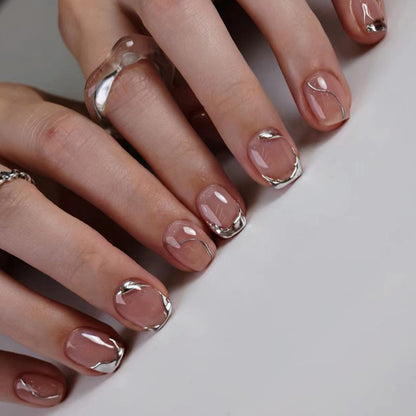 Silver Irregular Line Short Square Fake Nails