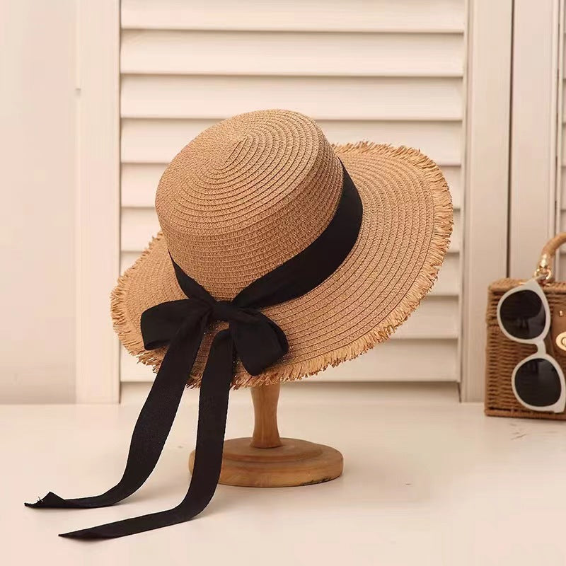 Trend Bow Straw Hat Women Summer Woven Flat Brim Vacation Sun