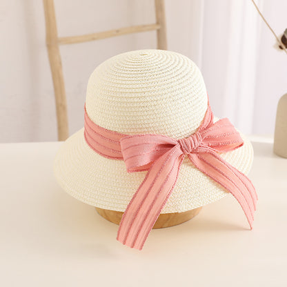 Spring Summer Bow Kids Straw Hat Travel Sun Protection Family Bag Set