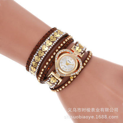 Wrap-Around Diamond-Embedded Bracelet Watch Heart Dial