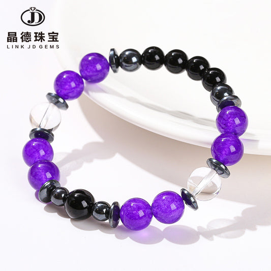 Natural black agate purple chalcedony round bead bracelet.