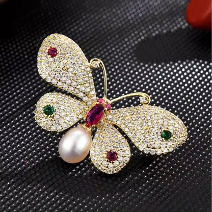 Colored Sparkling Diamond Pearl Butterfly Brooch