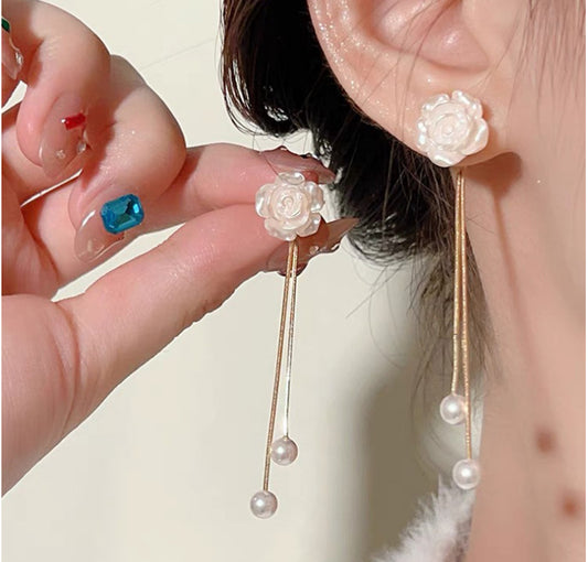 White Camellia Tassel Earrings