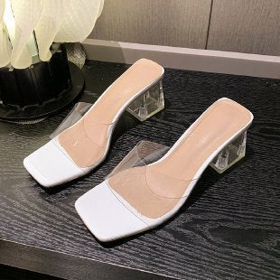 Large size slippers female transparent crystal thick heel