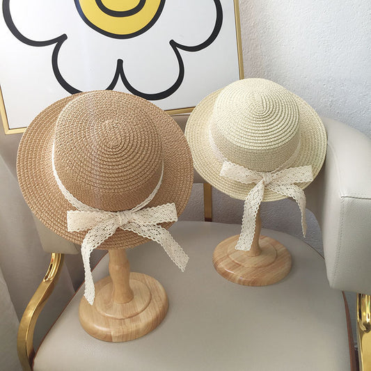 Kids Lace Bow Sun Hat Summer Wide-Brim UV-Protection Beach Hat