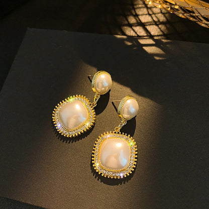 Square pearl earrings temperament