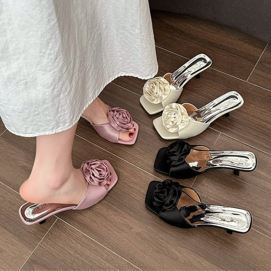 Satin rose slippers