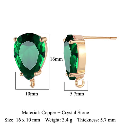 10 pcs/pack, drop-shaped brass crystal glass stud earrings.