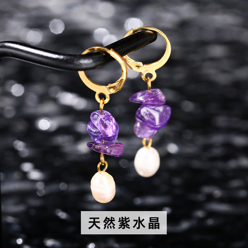 Natural amethyst gravel pearl earrings