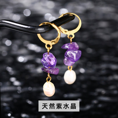 Natural amethyst gravel pearl earrings