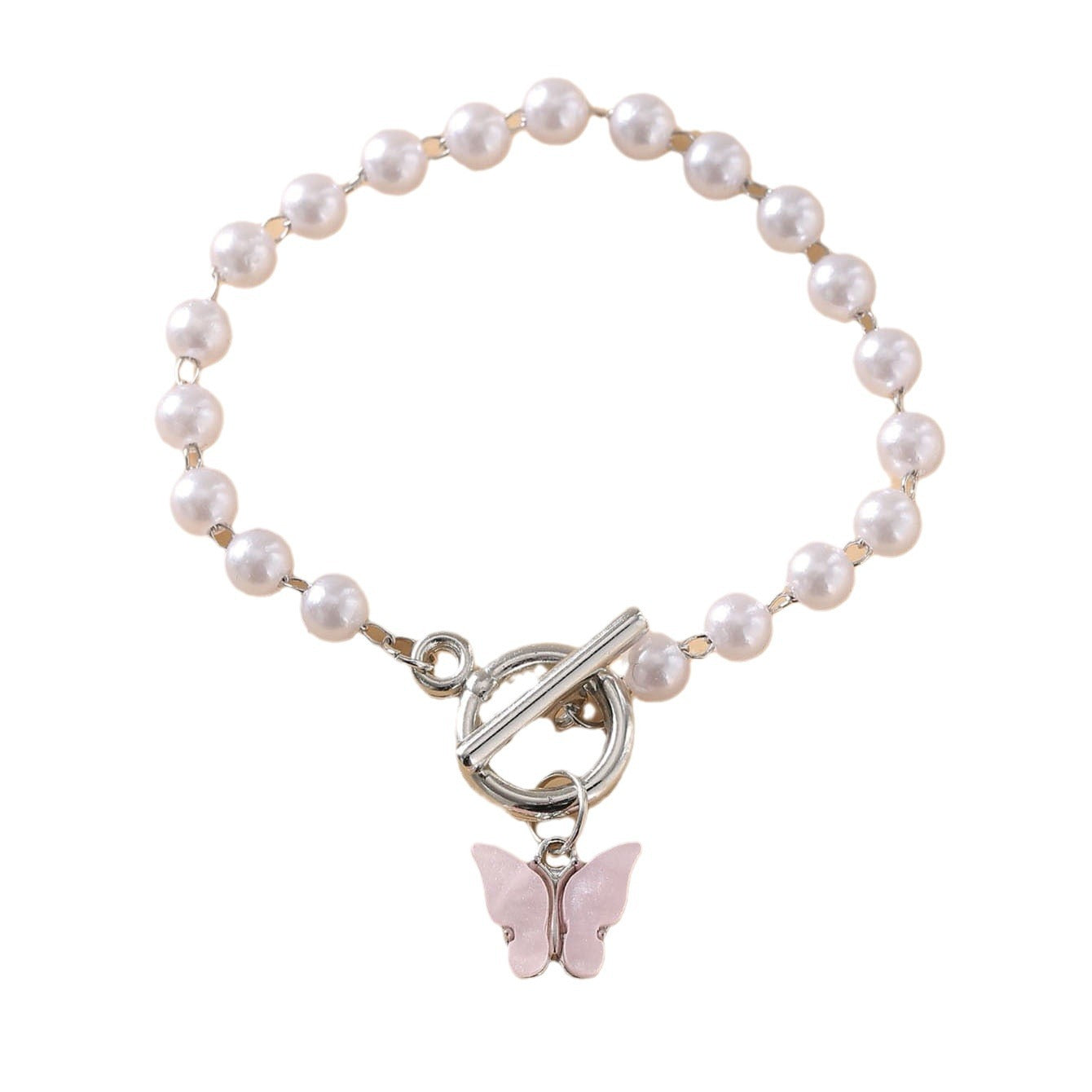 Pink Butterfly Pendant Pearl Bracelet