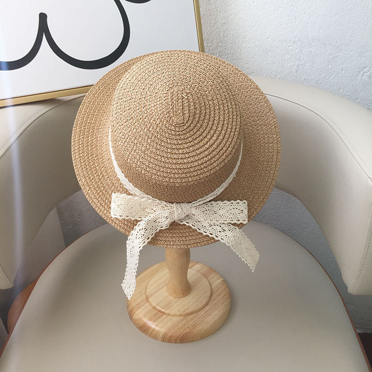 Kids Lace Bow Sun Hat Summer Wide-Brim UV-Protection Beach Hat