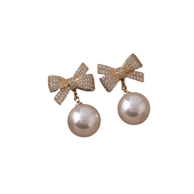 Bow bead diamond stud earrings