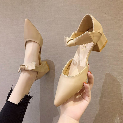 Thick Heel Pointed Bow Shoes