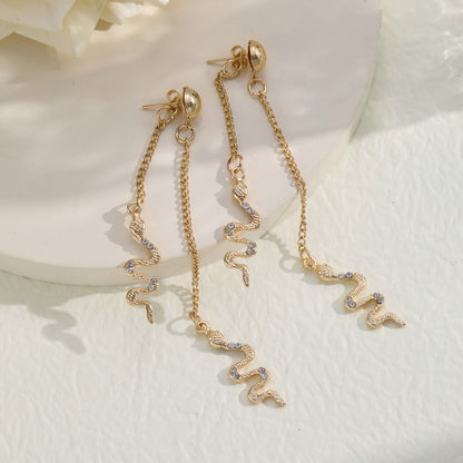 Gold Zircon Snake Pendant Chain Earrings