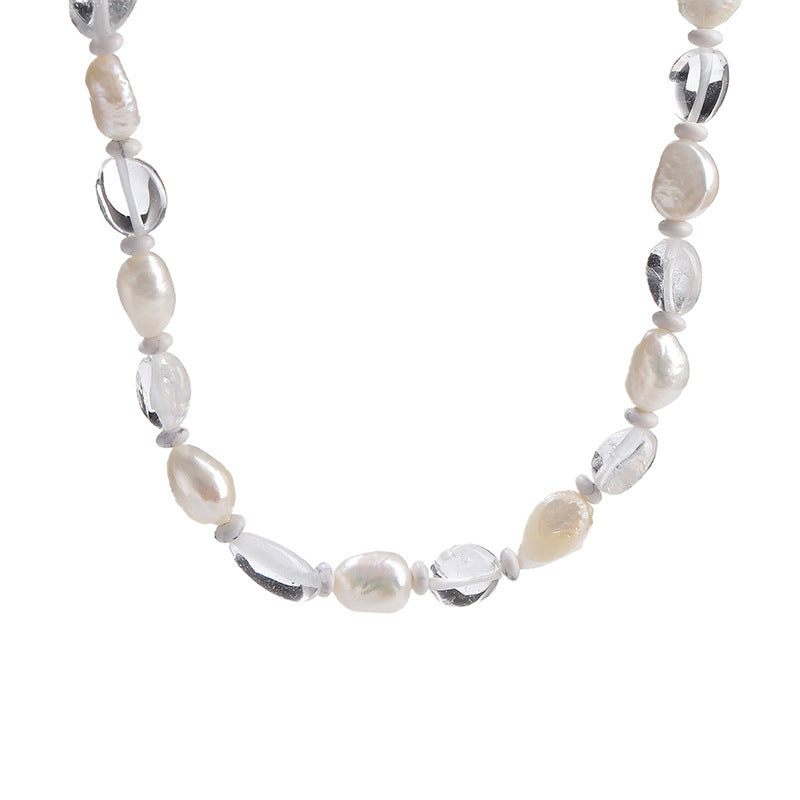 Natural White Crystal Conformal Bead Baroque Pearl Necklace