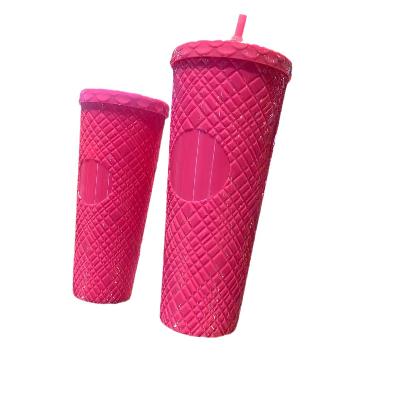 Plaid Pattern Diamond-Shaped Plastic Bottle, Single-Layer, with Straw