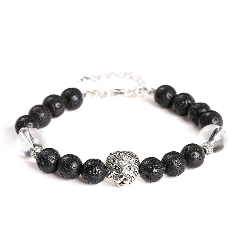 Natural black volcanic stone metal lion bracelet