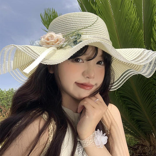 Wavy-Edge Floral Straw Hat Women Summer Beach Sun Protection