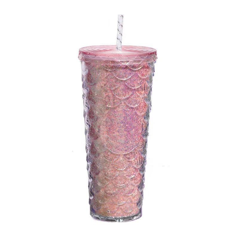 Scaled Pattern Large Capacity Double-Layer Plastic Straw Bottle