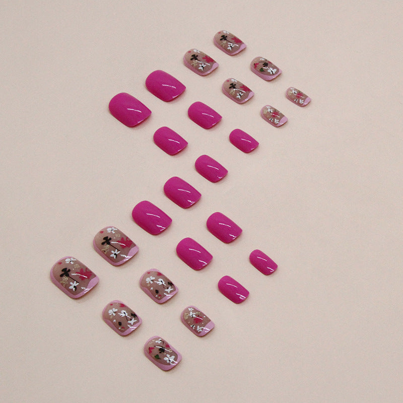 Short Square Magenta Floral Fake Nails