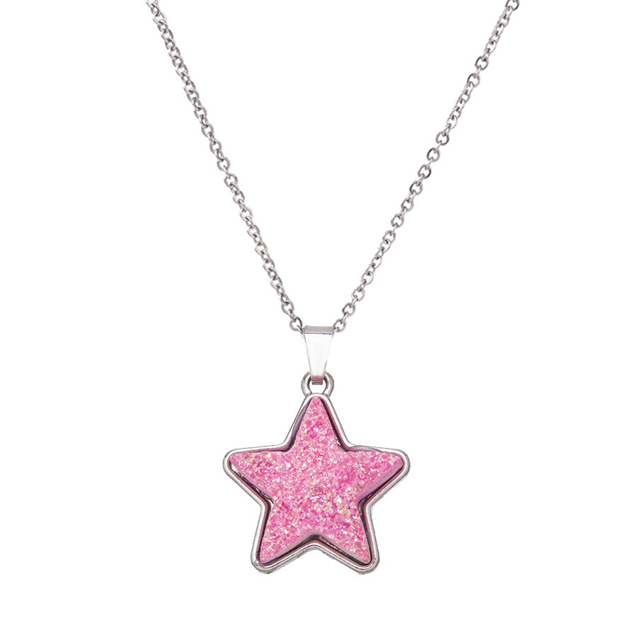 Electroplated Crystal Teeth Colorful Five-pointed Star Stainless Steel Pendant Necklace