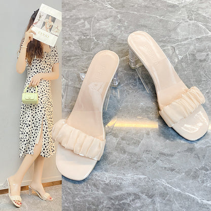 Sheer block heel, straight square-toe crepe slippers