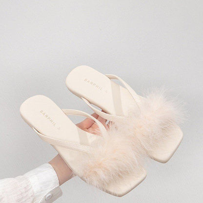 Real rabbit fur flat-bottomed slippers