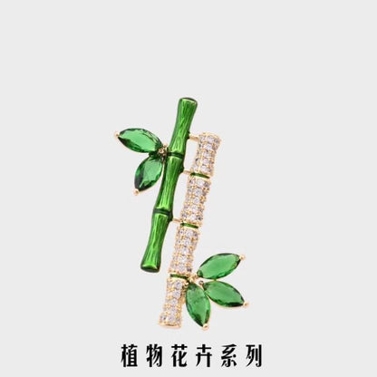 Green Crystal Ping An Bamboo Brooch